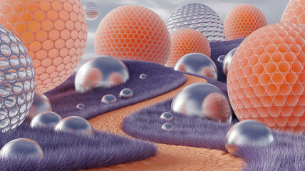 An abstract and  surreal landscape featuring large orange and silver spherical objects with honeycomb textures. 
