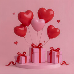 Pink Valentine's day gift with heart shaped balloons. Anniversary illustration