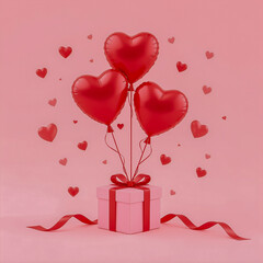 Pink Valentine's day gift with heart shaped balloons. Anniversary illustration