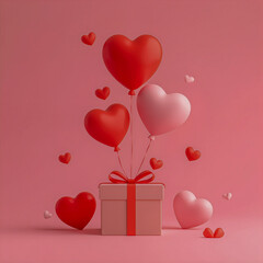 Pink Valentine's day gift with heart shaped balloons. Anniversary illustration