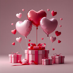 Pink Valentine's day gift with heart shaped balloons. Anniversary illustration