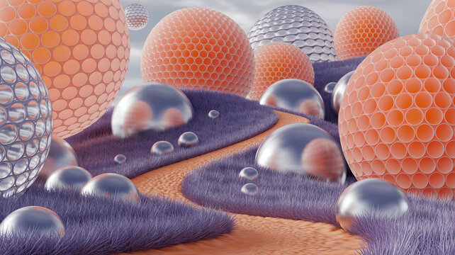 An abstract and  surreal landscape featuring large orange and silver spherical objects with honeycomb textures. 