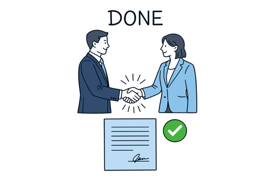 Cartoon of caucasian male and female businesspeople shaking hands over contract with done text