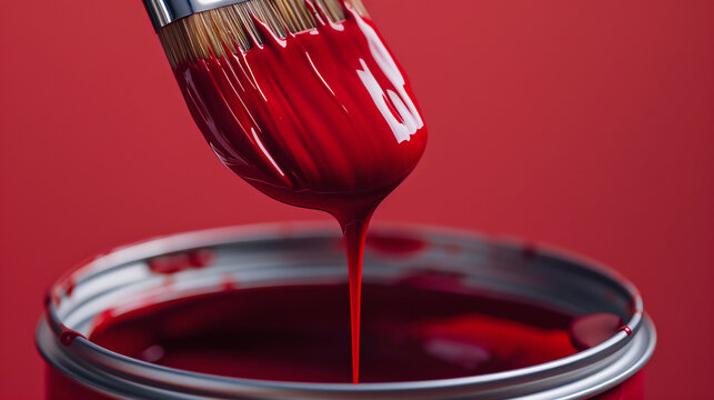 Paintbrush dipping into a can of vibrant red paint in a matching background, brush and red paint on white, red paint and brush, red paint and brush, red paint can with brush