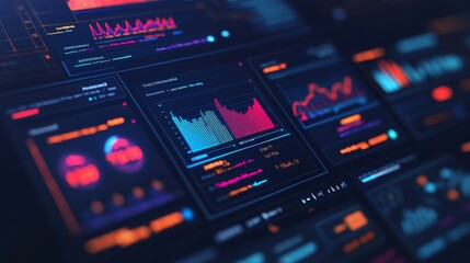 Fototapeta premium Digital Data Analysis Vibrant blue and red bar charts on a dark screen showcase financial or scientific progress, suggesting tech innovation and business insights. Data, Tech