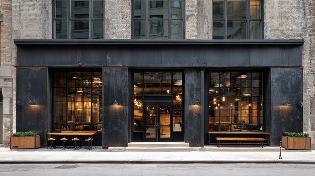 Storefront cafe exterior with modern loft design: matte black metal panels, concrete wall, and large dark-framed windows