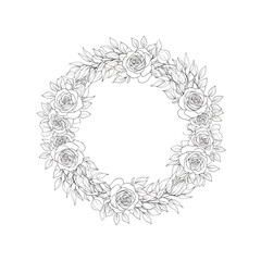 Obraz premium A detailed line art illustration of a beautiful circular floral wreath composed of delicate roses and lush leaves, perfect for elegant design elements.