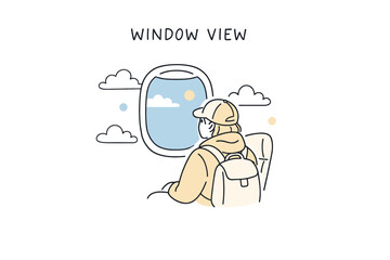 Fototapeta premium Young male enjoying airplane window view with clouds and sky