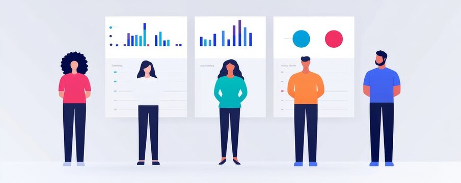 Illustration Diverse people standing before data visualizations; Bar and Pie charts, demographics, user profiles, analysis, teamwork, analytics