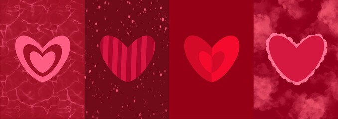 Happy Valentine's Day backround set. Pink and red hearts with a minimalistic romantic design for greeting cards and invitations.
