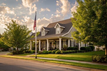 Naklejka premium United States flag at half-staff on a quiet suburban home at dawn, morning light on the front porch