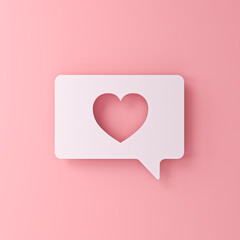 Sweet 3d love like heart shape white paper cut social media notification icon or speech bubble on pink pastel color wall background with shadow minimal conceptual 3D rendering