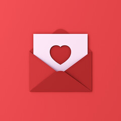 Love letter red heart hole shape paper cut icon on white paper in red envelope isolated on light red background with shadow minimal conceptual 3D rendering