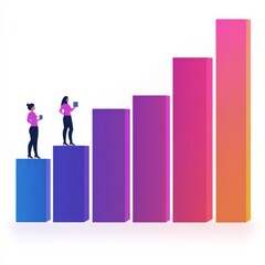 Two women with tablets on rising bars, growth concept, data analysis, success. Growth, Data, Success