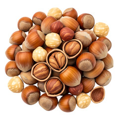 Pile of whole and cracked hazelnuts with some peeled nuts