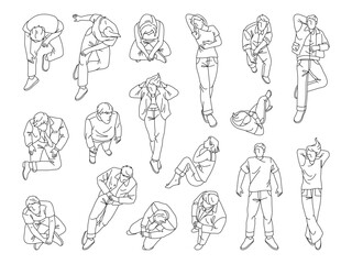Naklejka premium Contour people drawn with simple lines. Vector characters sitting, lying or leaning against surfaces, resting or waiting calmly. Sketch human with no faces. Relaxation and quiet moments in daily life