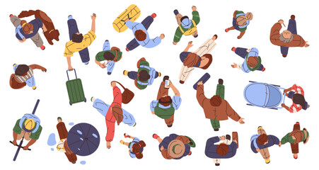Men and women in motion, isolated set of cartoon characters strolling. Vector wandering and hurrying male and female personages. Crowd of citizens, people moving in different directions., top view