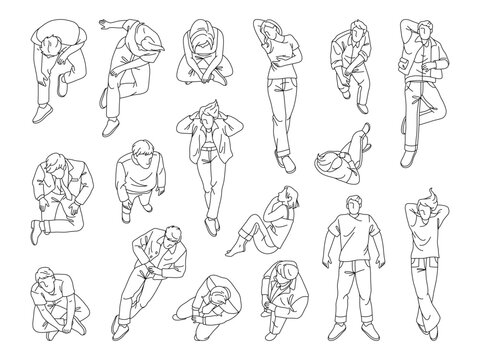 Contour people drawn with simple lines. Vector characters sitting, lying or leaning against surfaces, resting or waiting calmly. Sketch human with no faces. Relaxation and quiet moments in daily life