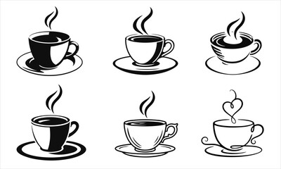 Set of coffee cup icons with steam. Hot drink, vector sketch, cafe icon, morning coffee, steaming mug. Simple black and white silhouettes of tea or coffee on saucers