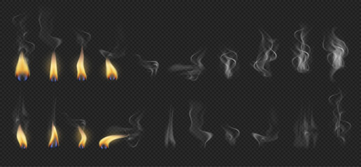 Candlelight glowing and illumination, isolated fire and flames with smoke. Vector candle burning on transparent background. Realistic candle light illuminating sparkle and glow