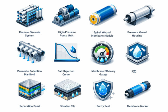 Vector reverse rejection permeate membrane pressure module ro vessel desalination icon set