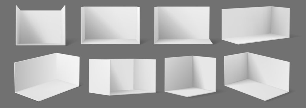 Set of exhibition booth wall mockups in shape of rectangular with clean perspective. Vector isolated realistic modular panel structures. Fairs and expos, trade shows and promotional displays
