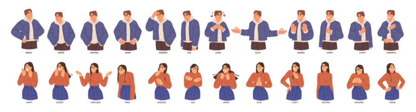 People expressing emotions. Vector in flat style of man and woman gesturing. Sad and happy personages, worried or uset girl. Loved and flirty boy. Teenagers socializing, gesturing and posing