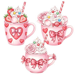 Pink Mugs with Whipped Cream, Strawberries and Roses