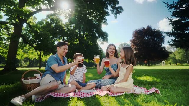 Family enjoying a picnic in a sunny park, raising glasses of drinks together while seated on a checkered blanket surrounded by trees and green grass