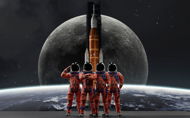 The four-person crew of the Artemis II mission stands ready in their orange OCSS suits in front of the Space Launch System rocket, set against the backdrop of a large Earth and the Moon © Vadimsadovski