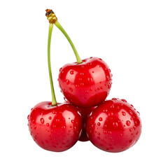 Three Cherries with Water Droplets on Stems