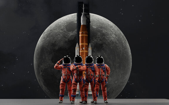 The four-person crew of the Artemis II mission stands ready in their orange OCSS suits in front of the Space Launch System rocket, set against the backdrop of a large Moon for their historic mission