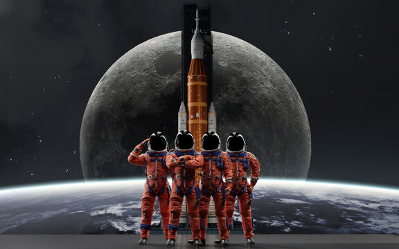 The four-person crew of the Artemis II mission stands ready in their orange OCSS suits in front of the Space Launch System rocket, set against the backdrop of a large Earth and the Moon