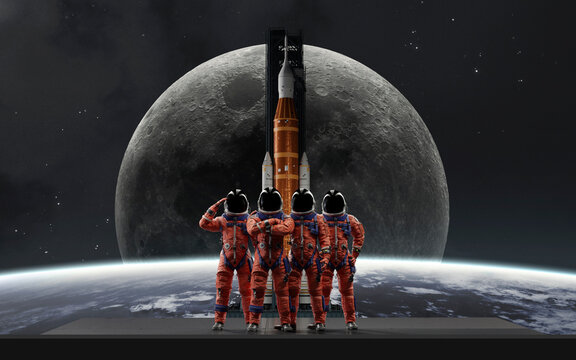 The four-person crew of the Artemis II mission stands ready in their orange OCSS suits in front of the Space Launch System rocket, set against the backdrop of a large Earth and the Moon