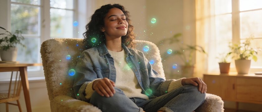 Young diverse woman in calm room with fading stress particles illustrating cortisol reduction concept