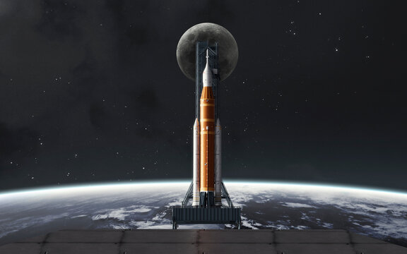 The Artemis II Space Launch System (SLS) mega-rocket awaits launch on the pad with the Moon centered behind its tip, symbolizing humanity's return to the lunar surface