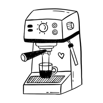 Vector illustration of hand drawn espresso machine with cup and heart symbol, cute black and white doodle coffee maker for cafe logo, menu, poster, kitchen print and modern barista design.