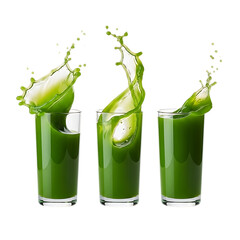 Green Juice Splashing from Three Glasses