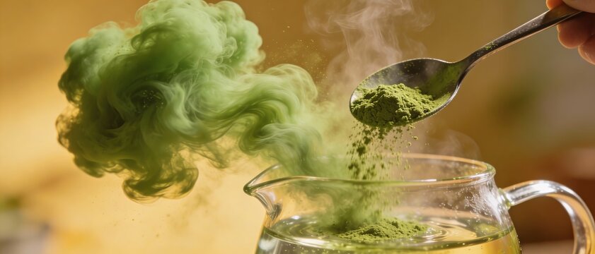 Slow-motion pouring of vibrant matcha powder into glass teapot with swirling green tea infusion and steam