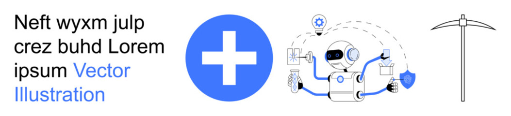Obraz premium Healthcare AI, data security, automation, medical technology, robotics, futuristic tech. Robot with medical cross and shield icon. Healthcare AI and data security concept