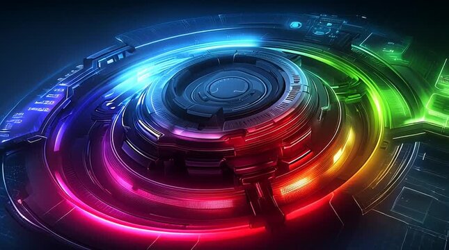 abstract futuristic ai technology background loop, colorful digital data visualization with copyspace, hightech holographic interface animation