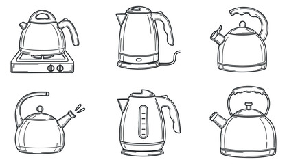 A set of various kettles including electric and traditional designs in black and white minimalist vector style, perfect for kitchen illustrations and branding