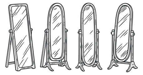 A set of four full-length mirrors in various styles and shapes, outlined in black and white minimalist vector design, ideal for home decor and interior design projects