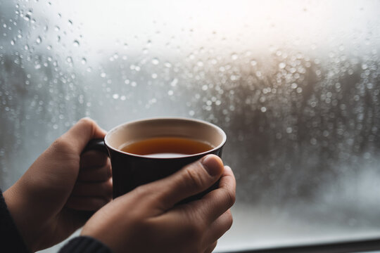 Close up of hands holding warm tea beside rainy window. Cozy autumn winter mood, relaxation and mindfulness concept.