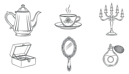 A collection of elegant kitchenware and beauty items in black and white outline vector style, suitable for home decor and lifestyle projects