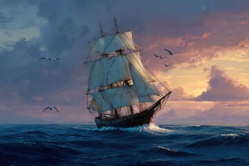 Fototapeta premium Timeless maritime scene: wind-driven schooner with full sails