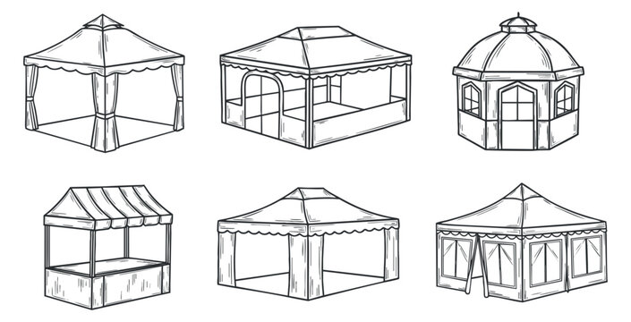 A collection of six different tent designs in black and white outline vector style, suitable for event planning and outdoor activities