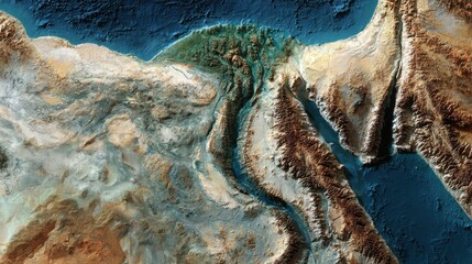 Aerial view of arid desert landscape with winding river