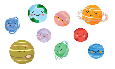 Cute solar system planet set with funny faces. Hand-drawn celestial characters for nursery decor, space posters, and kids education. Bright astronomical clip art.