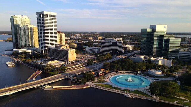 Jacksonville, Florida waterfront. Aerial view of a large park and water fountain.
